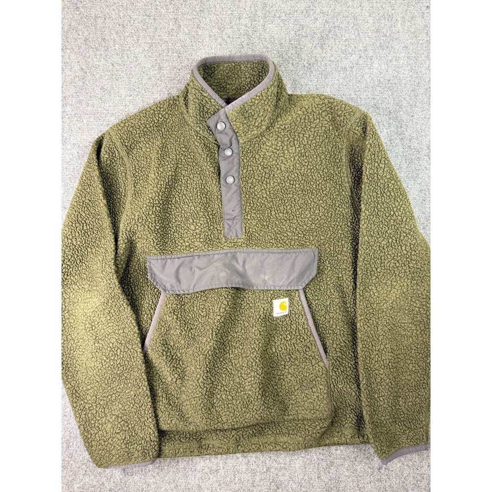 Carhartt Mens Fleece Pullover M Olive Green Relaxed‎ Fit Snap Mock Neck Kangaroo